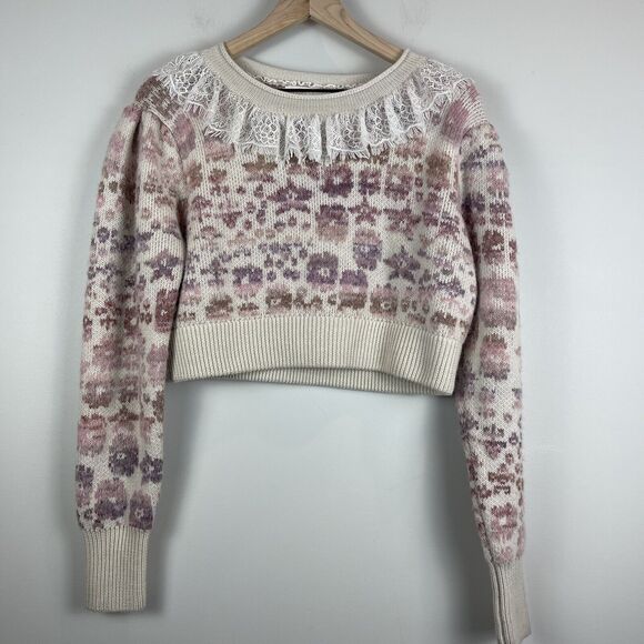 LoveShackFancy Pullover Sweater Sz S Multi Floral Crop Coquette Lace Collar - Picture 1 of 12
